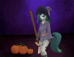 Size: 1200x927 | Tagged: safe, artist:warskunk, derpibooru import, oc, oc:forest glade, unofficial characters only, anthro, hybrid, zebra, zebracorn, zony, belt, broom, clothes, costume, eyelashes, eyeshadow, female, halloween, hat, holiday, image, jpeg, lidded eyes, looking at you, makeup, painting, pumpkin, robe, short shirt, signature, smiling, solo, thighs, witch, witch hat