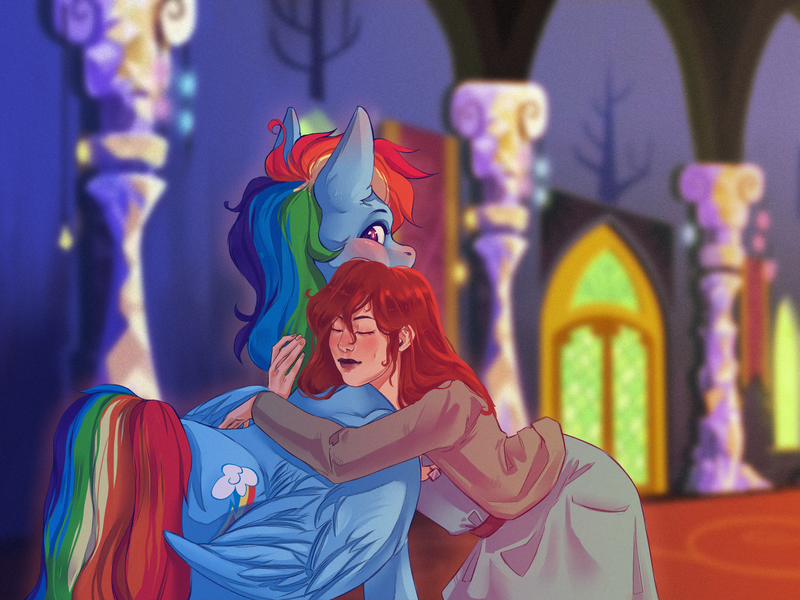 Size: 3739x2803 | Tagged: safe, artist:peachez, derpibooru import, rainbow dash, oc, oc:becky, human, pegasus, fanfic:crossing the trixie bridge, fanfic art, hug, hugging a pony, image, png, story included, twilight's castle