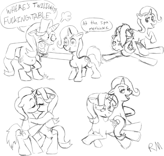 Size: 1959x1858 | Tagged: safe, artist:rustymonkee, derpibooru import, starlight glimmer, trixie, pony, unicorn, all bottled up, angry, blushing, dialogue, eyes closed, female, image, kissing, lesbian, lying down, monochrome, png, shipping, sketch, smiling, smirk, startrix