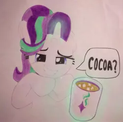 Size: 1856x1836 | Tagged: safe, artist:raindasher14, derpibooru import, starlight glimmer, pony, unicorn, chocolate, empathy cocoa, food, glowing horn, horn, hot chocolate, image, jpeg, levitation, magic, marshmallow, photo, solo, telekinesis, traditional art