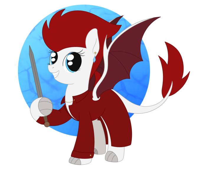 Size: 2441x2048 | Tagged: safe, artist:dyonys, derpibooru import, oc, oc:tiny ember, dracony, dragon, hybrid, pony, clothes, coat, costume, ear piercing, halloween, holiday, hoof hold, image, nightmare night, piercing, pirate, png, simple background, smiling, sword, transparent background, weapon