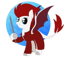 Size: 2441x2048 | Tagged: safe, artist:dyonys, derpibooru import, oc, oc:tiny ember, dracony, dragon, hybrid, pony, clothes, coat, costume, ear piercing, halloween, holiday, hoof hold, image, nightmare night, piercing, pirate, png, simple background, smiling, sword, transparent background, weapon