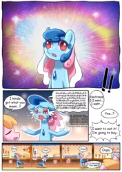 Size: 1240x1754 | Tagged: safe, artist:brony_festival, derpibooru import, oc, oc:electronia, oc:lyre wave, earth pony, pony, sea pony, comic:electrowave, china, crying, duo, duo female, female, image, jpeg, mascot, open mouth, qingdao, qingdao brony festival