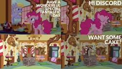 Size: 1986x1117 | Tagged: safe, derpibooru import, edit, edited screencap, editor:quoterific, screencap, cloud kicker, discord, pinkie pie, draconequus, earth pony, pegasus, pony, make new friends but keep discord, box, duo, duo female, eyes closed, female, image, male, metal gear solid, open mouth, png, solo, spying, trotting