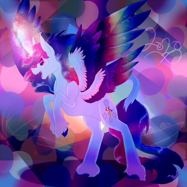 Size: 5800x5800 | Tagged: safe, artist:florarena-kitasatina/dragonborne fox, derpibooru import, pinkie pie, rainbow dash, twilight sparkle, alicorn, pony, absurd resolution, cel shading, colored wings, fusion, image, leonine tail, multicolored hair, multicolored wings, multiple wings, png, rearing, redraw, shading, signature, unshorn fetlocks, watermark, wings