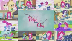 Size: 1964x1105 | Tagged: safe, derpibooru import, edit, edited screencap, editor:quoterific, screencap, applejack, fluttershy, pinkie pie, rainbow dash, rarity, equestria girls, pinkie on the one, applejack is not amused, applejack's hat, bowl, cowboy hat, drums, duo, duo female, eyes closed, female, hat, humane five, image, musical instrument, open mouth, png, ponied up, rainbow dash is not amused, spoon, teeth, trio, trio female, unamused