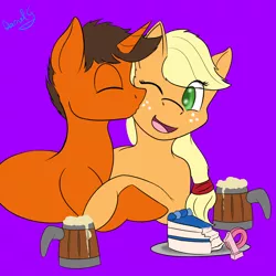 Size: 2500x2500 | Tagged: safe, artist:darnelg, derpibooru import, applejack, oc, oc:scroll scribe, earth pony, unicorn, cake, canon x oc, cider, female, food, happy birthday mlp:fim, image, kissing, male, mlp fim's tenth anniversary, needs more saturation, png, scrolljack, shipping, straight