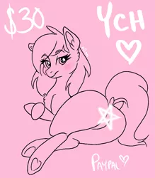 Size: 1800x2052 | Tagged: suggestive, artist:ameliacostanza, derpibooru import, oc, unofficial characters only, earth pony, pony, censored, commission, earth pony oc, frog (hoof), heart, heart hoof, image, lineart, looking at you, looking back, looking back at you, pink background, png, simple background, solo, underhoof, your character here