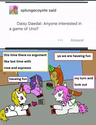 Size: 744x967 | Tagged: safe, artist:ask-luciavampire, derpibooru import, oc, pegasus, pony, unicorn, vampire, vampony, ask, ask-ponys-gamer-club, image, jpeg, tumblr, uno