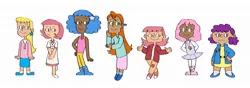 Size: 1986x698 | Tagged: safe, artist:sveta kuklina, derpibooru import, bon bon (g1), bright eyes, clover (g1), melody, patch (g1), starlight (g1), sweetheart, human, my little pony tales, g1, humanized, image, jpeg, simple background