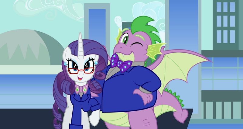 Size: 1280x678 | Tagged: safe, artist:aleximusprime, artist:disneymarvel96, artist:evilfrenzy, derpibooru import, rarity, spike, dragon, pony, unicorn, flurry heart's story, bowtie, clothes, ear piercing, earring, female, glasses, image, jewelry, jpeg, male, mare, older, older rarity, older spike, one eye closed, piercing, shipping, sparity, straight, suit, winged spike