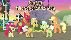 Size: 1280x720 | Tagged: safe, derpibooru import, apple bloom, applejack, big macintosh, grand pear, granny smith, the perfect pear, family, grandparents and grandchildren, grandparents day, image, png, sweet apple acres