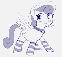 Size: 807x750 | Tagged: safe, artist:heretichesh, derpibooru import, honeycomb, oc, oc:buzzy bumbles, pegasus, pony, blushing, clothes, collar, female, happy, image, mare, png, socks, solo