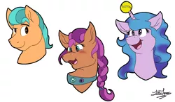 Size: 1700x1000 | Tagged: safe, artist:little tigress, derpibooru import, hitch trailblazer, izzy moonbow, sunny starscout, earth pony, pony, unicorn, badge, ball, blushing, braid, bust, female, g5, horn, horn guard, horn impalement, hornball, image, izzy's tennis ball, male, mare, open mouth, png, signature, simple background, smiling, stallion, tennis ball, white background