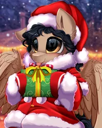 Size: 2550x3209 | Tagged: safe, artist:pridark, derpibooru import, part of a set, oc, oc:gypsy, pegasus, pony, :p, adorable face, blushing, christmas, commission, cute, glasses, hat, high res, holding, holiday, image, older, png, present, santa hat, solo, teenager, tongue out, ych result