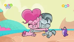 Size: 1600x900 | Tagged: safe, derpibooru import, screencap, pinkie pie, alligator, earth pony, pony, my little pony: pony life, pie vs. pie, spoiler:pony life s01e23, brother and sister, cute, diapinkes, eyes closed, female, grin, hug, image, male, mare, octavio pie, png, siblings, sitting, smiling, squishy cheeks, stallion, tiny pop