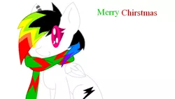 Size: 943x533 | Tagged: safe, artist:modernlisart, derpibooru import, oc, oc:stormsong, pegasus, christmas, clothes, december, fringe, holiday, image, jpeg, looking at you, merry christmas, multicolored hair, pegasus oc, scarf, sitting, wings