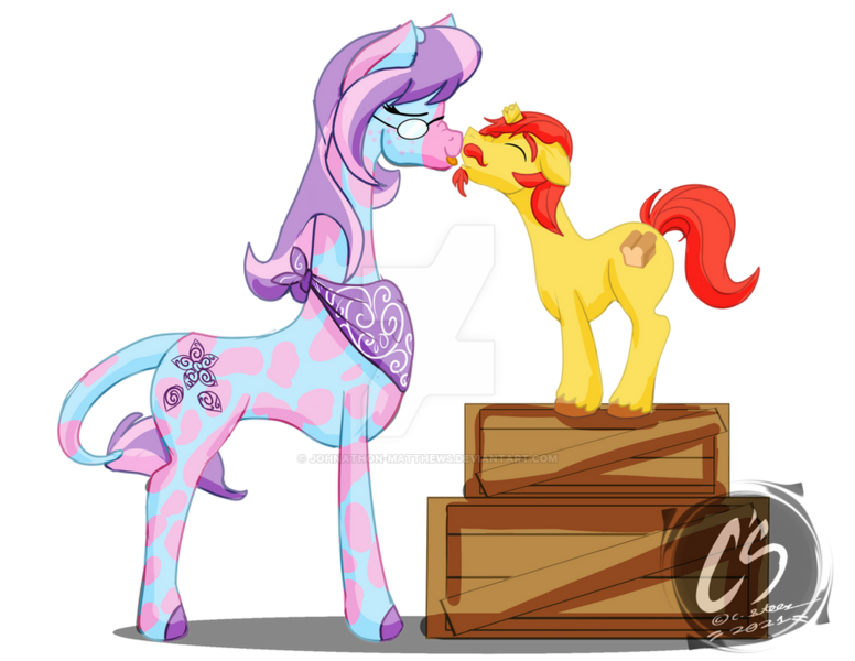 Size: 1024x792 | Tagged: safe, artist:adhiguna, artist:johnathon-matthews, derpibooru import, oc, oc:poffee, oc:sprakk rye, giraffe, unicorn, :p, boxes, broken horn, commission, couples, deviantart watermark, horn, image, kissing, obtrusive watermark, png, simple background, size difference, tongue out, transparent background, watermark