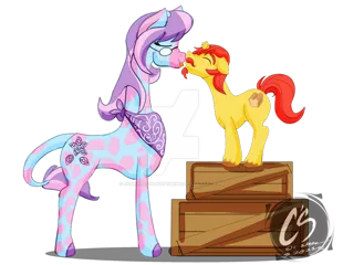 Size: 1024x792 | Tagged: safe, artist:adhiguna, artist:johnathon-matthews, derpibooru import, oc, oc:poffee, oc:sprakk rye, giraffe, unicorn, :p, boxes, broken horn, commission, couples, deviantart watermark, horn, image, kissing, obtrusive watermark, png, simple background, size difference, tongue out, transparent background, watermark