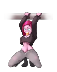 Size: 1900x2400 | Tagged: suggestive, artist:marches45, derpibooru import, pinkie pie, human, equestria girls, bedroom eyes, belly button, breasts, busty pinkie pie, cleavage, clothes, cropped hoodie, digital art, image, jeans, looking at you, midriff, open mouth, pants, piercing, pinkamena diane pie, png, simple background, solo, tongue out, tongue piercing, transparent background