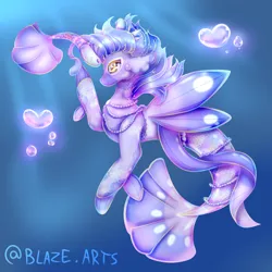 Size: 1280x1280 | Tagged: safe, artist:blaze-arts, derpibooru import, oc, unofficial characters only, fish, seapony (g4), bubble, crepuscular rays, crown, fins, fish tail, flowing mane, flowing tail, heart, heart bubbles, image, jewelry, jpeg, ocean, pearl, regalia, scales, seashell, solo, sunlight, tail, underwater, water, wings, yellow eyes