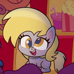 Size: 280x280 | Tagged: safe, derpibooru import, screencap, derpy hooves, earth pony, pony, my little pony: pony life, animated, animation error, blinking, cropped, cute, female, gif, image, mare, missing wing, no wing, sitting, smiling, solo, sportacular spectacular musical musak-ular, we shine brighter together, wingless, wingless derpy hooves