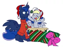 Size: 1280x956 | Tagged: safe, artist:chub-wub, derpibooru import, derpy hooves, princess luna, alicorn, pegasus, pony, boop, bow, christmas, christmas sweater, clothes, duo, female, hat, holiday, image, jpeg, lesbian, lunaderp, mare, mistletoe, present, santa hat, shipping, simple background, sweater, white background