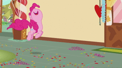 Size: 1920x1080 | Tagged: safe, derpibooru import, screencap, pinkie pie, earth pony, pony, the one where pinkie pie knows, animated, cartoon physics, eyes closed, female, hopping, image, mare, modular, pinkie being pinkie, pinkie physics, pinkie pieces, pronking, shocked, solo, talking, webm
