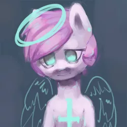 Size: 660x660 | Tagged: safe, artist:mewball, derpibooru import, oc, oc:candy prancer, unofficial characters only, angelic wings, depression, halo, image, png, sad, solo, upside down cross, wings