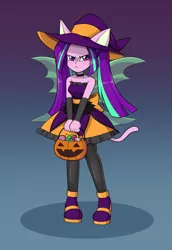 Size: 1100x1600 | Tagged: safe, artist:mew-me, derpibooru import, aria blaze, equestria girls, angry, ariabetes, bare shoulders, bucket, candy, clothes, costume, cute, food, gradient background, grumpy, halloween, halloween costume, holiday, image, jpeg, madorable, pumpkin bucket, simple background, sleeveless, strapless, trick or treat, tsundaria, tsundere