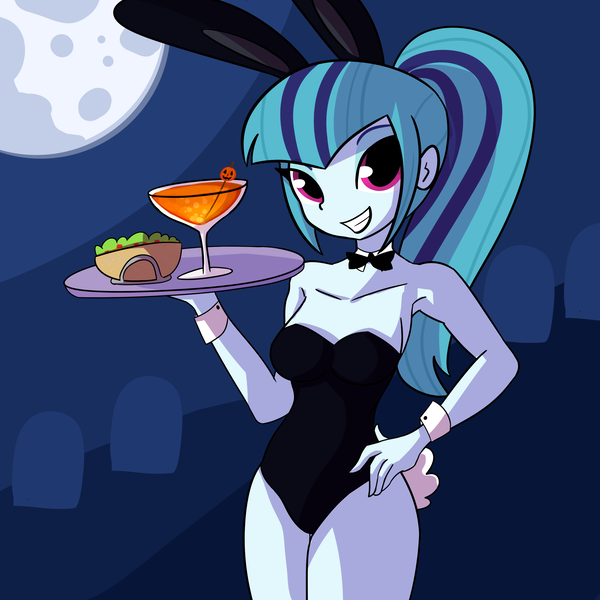 Size: 3000x3000 | Tagged: safe, artist:tjpones, derpibooru import, sonata dusk, equestria girls, alcohol, breasts, bunny suit, busty sonata dusk, clothes, female, food, full moon, grin, hand on hip, image, legs together, martini, martini glass, moon, png, smiling, solo, sonataco, taco, that girl sure loves tacos, that siren sure does love tacos