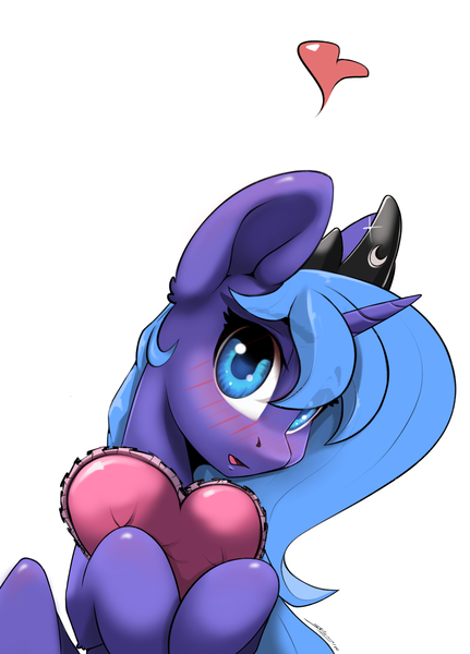 Size: 2156x3000 | Tagged: safe, artist:skitsniga, derpibooru import, princess luna, alicorn, blushing, cute, daaaaaaaaaaaw, heart, heart pillow, image, lunabetes, open mouth, pillow, png, s1 luna, simple background, solo, white background