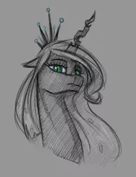 Size: 500x650 | Tagged: safe, artist:stray prey, derpibooru import, queen chrysalis, changeling, changeling queen, bust, female, gray background, image, monochrome, neo noir, partial color, png, simple background, sketch, solo