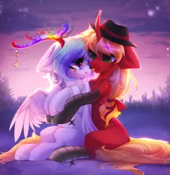 Size: 2333x2404 | Tagged: safe, artist:tomness, derpibooru import, oc, unofficial characters only, pegasus, pony, unicorn, fedora, female, floppy ears, hat, horn, hug, image, jpeg, looking at each other, m'lady, male, mare, mlem, pegasus oc, silly, tongue out, unicorn oc, wings