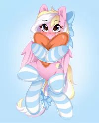 Size: 1586x1983 | Tagged: safe, artist:emberslament, artist:hk2309, derpibooru import, oc, oc:bay breeze, unofficial characters only, pegasus, pony, blushing, bow, clothes, cute, female, hair bow, heart, heart eyes, heart pillow, image, jpeg, mare, ocbetes, pillow, simple background, socks, solo, solo female, striped socks, tail, tail bow, wingding eyes, wings