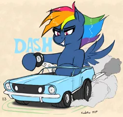 Size: 3832x3638 | Tagged: safe, artist:kundofox, derpibooru import, rainbow dash, pegasus, pony, secrets and pies, 1970s, 8 ball, alternate hairstyle, car, evil pie hater dash, female, ford mustang, hot rod, image, muscle car, mustang, png, text, wings