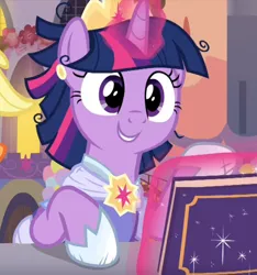 Size: 674x721 | Tagged: safe, derpibooru import, screencap, twilight sparkle, twilight sparkle (alicorn), alicorn, pony, memories and more, spoiler:memories and more, book, clothes, coronation dress, cropped, crown, cute, dress, glowing horn, horn, image, jewelry, levitation, magic, png, regalia, smiling, solo, telekinesis, twiabetes