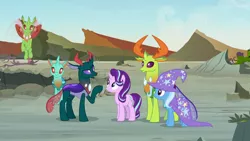 Size: 1920x1080 | Tagged: safe, derpibooru import, screencap, arista, cornicle, pharynx, starlight glimmer, thorax, trixie, changedling, changeling, pony, to change a changeling, background changeling, female, image, king thorax, male, mare, png, prince pharynx, raised hoof