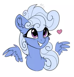 Size: 1211x1253 | Tagged: safe, artist:airfly-pony, derpibooru import, oc, oc:comfy pillow, unofficial characters only, pegasus, pony, blushing, bust, chest fluff, cute, ear fluff, eyelashes, female, floating heart, floating wings, heart, image, mare, pegasus oc, png, portrait, shoulder fluff, signature, smiling, solo, wings
