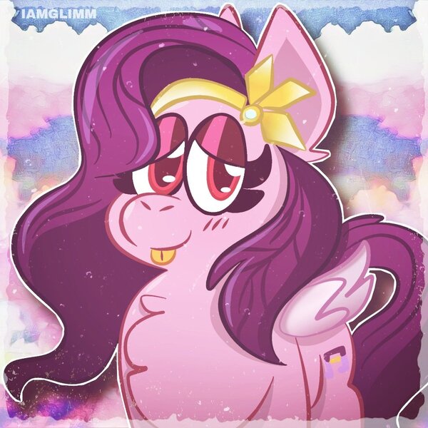 Size: 1024x1024 | Tagged: safe, artist:iamglimm, derpibooru import, pipp petals, pegasus, pony, :p, blushing, chest fluff, cloud, eyelashes, female, g5, image, jpeg, looking at you, mare, sky, solo, text, tongue out