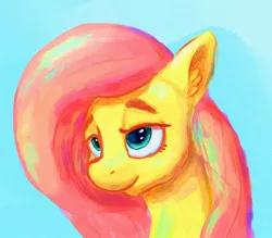 Size: 1286x1124 | Tagged: safe, artist:dummyhorse, derpibooru import, fluttershy, pony, bust, cute, ear fluff, female, image, jpeg, lidded eyes, mare, portrait, shyabetes, smiling, solo, three quarter view