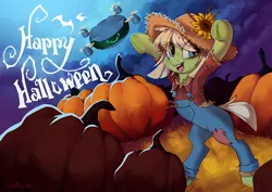 Size: 842x596 | Tagged: safe, artist:ginjallegra, derpibooru import, oc, oc:arion, oc:milli, earth pony, pony, robot, clothes, drone, dungarees, earth pony oc, eponafest, female, flower, food, halloween, hat, holiday, image, mare, png, pumpkin, scarecrow, sunflower, wheat