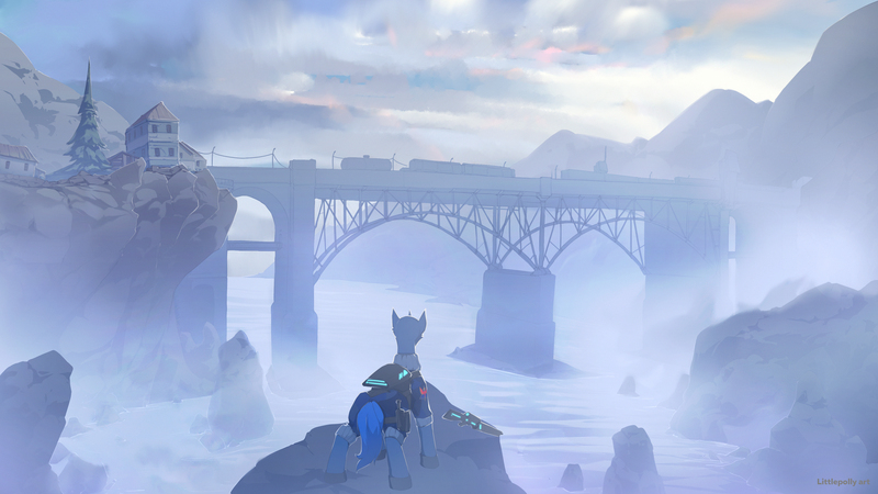 Size: 3840x2160 | Tagged: safe, artist:littlepolly, derpibooru import, oc, oc:flint, unofficial characters only, pony, unicorn, bridge, building, cloud, commission, fog, gun, half-life, half-life 2, high res, image, jpeg, male, rifle, river, rock, scenery, scenery porn, signature, sky, solo, stallion, train, weapon