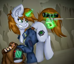 Size: 3051x2607 | Tagged: safe, artist:nightydream, derpibooru import, oc, oc:calamity, oc:littlepip, oc:velvet remedy, unofficial characters only, pony, unicorn, fallout equestria, clothes, female, gun, handgun, image, little macintosh, magic, mare, pipbuck, png, revolver, telekinesis, toy, vault suit, weapon