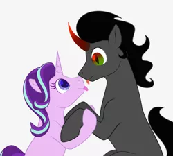 Size: 1000x900 | Tagged: safe, artist:enigmadoodles, derpibooru import, king sombra, starlight glimmer, pony, unicorn, boop, crack shipping, female, holding hooves, image, looking at each other, male, noseboop, png, shipping, simple background, starlightsombra, straight, tongue out, white background