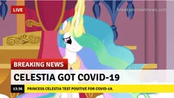 Size: 720x405 | Tagged: safe, derpibooru import, edit, edited screencap, screencap, princess celestia, break your own news, breaking news, covid-19, current events, donald trump, image, jpeg, karma, op is a duck, politics, sad