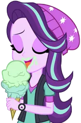 Size: 5269x7944 | Tagged: safe, artist:famousmari5, derpibooru import, starlight glimmer, equestria girls, mirror magic, spoiler:eqg specials, absurd resolution, beanie, clothes, dessert, eyes closed, female, food, hat, ice cream, ice cream cone, image, licking, open mouth, png, simple background, solo, tongue out, transparent background, vector, vest, watch, wristwatch
