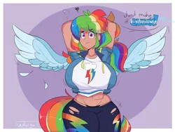 Size: 4032x3024 | Tagged: suggestive, artist:darkdoubloon, derpibooru import, rainbow dash, human, equestria girls, abs, arm behind head, armpits, belly button, big breasts, blushing, breasts, busty rainbow dash, clothes, huge breasts, human coloration, humanized, image, impossibly large breasts, looking at you, midriff, panties, png, remake, sexy, stupid sexy rainbow dash, sweat, tailed humanization, thong, underwear, winged humanization, wings