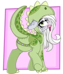 Size: 3363x3967 | Tagged: suggestive, artist:cuddlelamb, derpibooru import, oc, oc:fossil fluster, unofficial characters only, earth pony, pony, adult foal, animal costume, blushing, clothes, costume, diaper, diaper fetish, dinosaur costume, female, fetish, footed sleeper, image, kigurumi, non-baby in diaper, onesie, pacifier, png, poofy diaper, simple background, solo