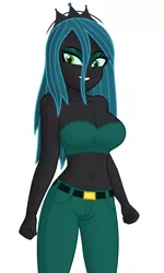 Size: 1200x2000 | Tagged: suggestive, derpibooru import, editor:ah96, queen chrysalis, equestria girls, belly button, big breasts, breasts, busty queen chrysalis, cleavage, clothes, equestria girls-ified, female, image, ms paint, pants, png, reversalis, shading, simple background, solo, solo female, white background